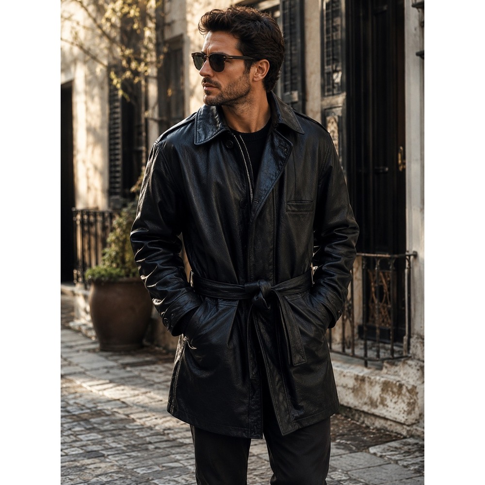 Wilsons Mens Black Belted Leather Trench Coat XLT
